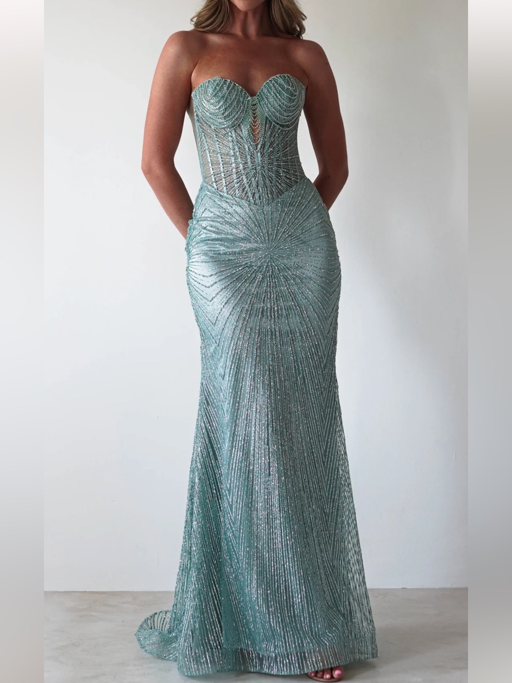 Oh Hello Elyse Glitter Strapless Gown Prom Dress Medium Sage Turquoise Corset